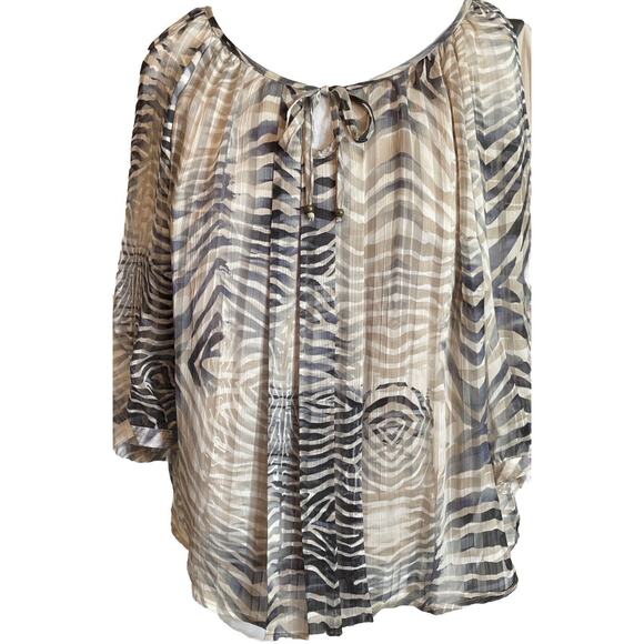 Sara Michelle 2X Peasant Top Animal Print 3/4 Sheer Sleeve Scoop Neck Layered - Picture 5 of 16
